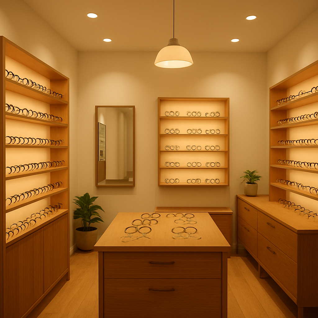 Inside the Comfort View eyewear shop in Campsie — warm lighting and a curated selection of glasses frames